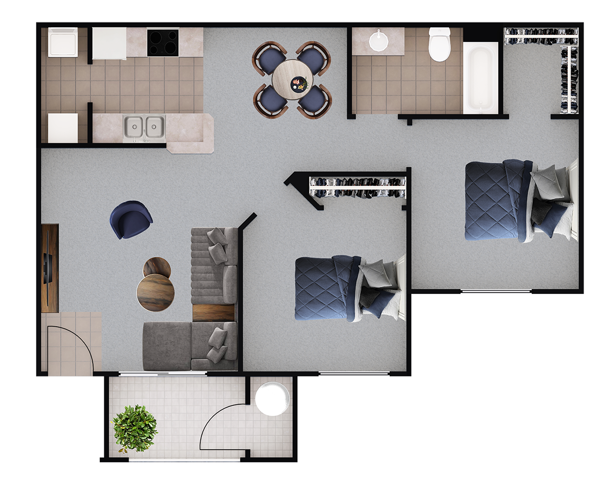 Floor plan for 2 beds, 1 bath, 871 sqft